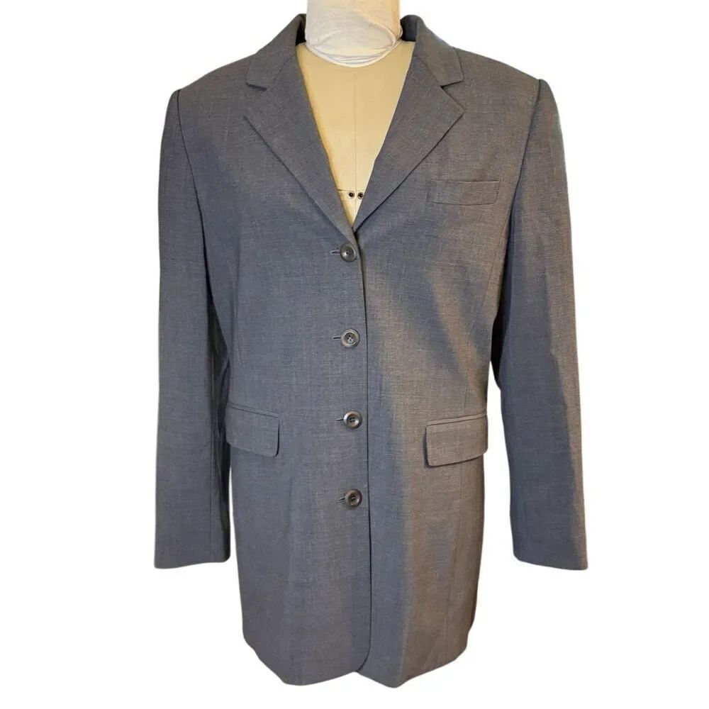 Talbots Womens Wool Blend Gray Long Blazer Jacket Size 16 Four Button